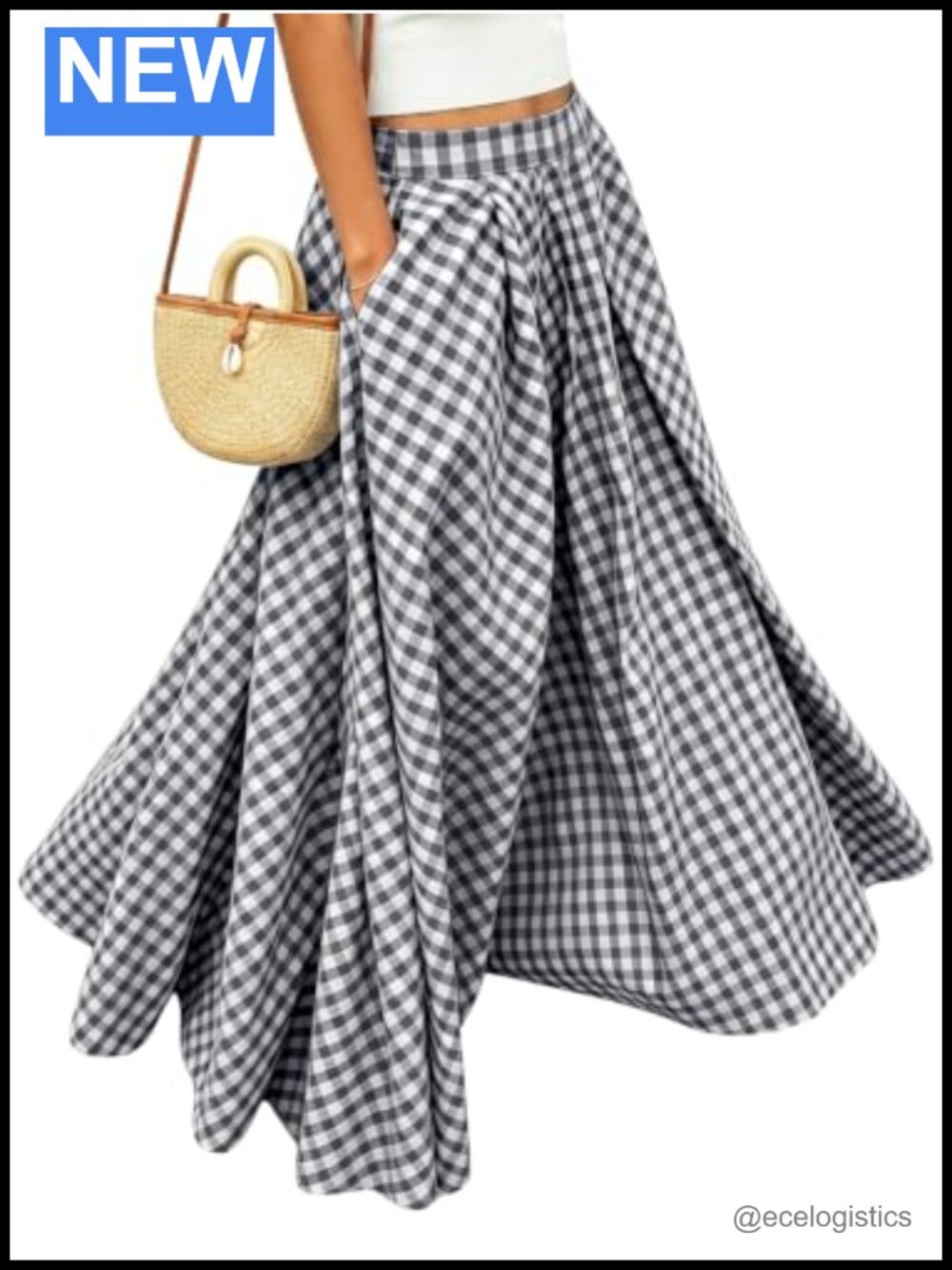 Flowy Maxi Skirt for Women Vintage Plaid Gingham Swing Flared Summer